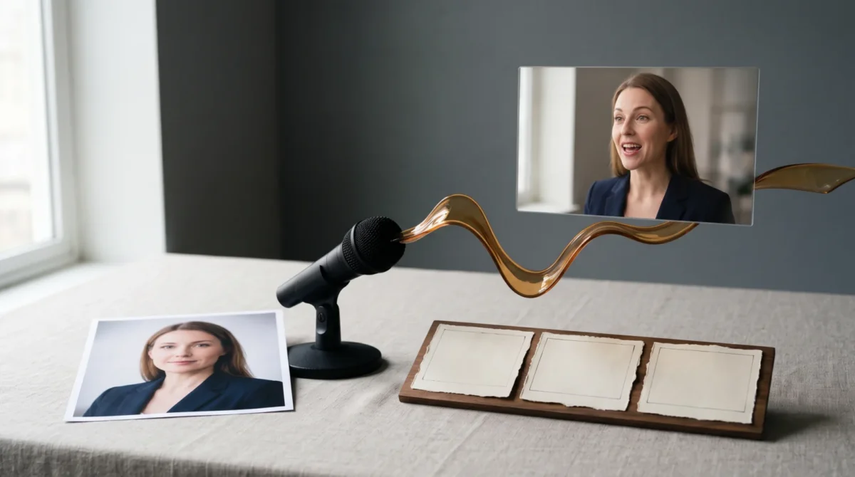 Printed portrait of a fictional presenter beside a microphone, with an amber sound wave leading to a speaking video frame.