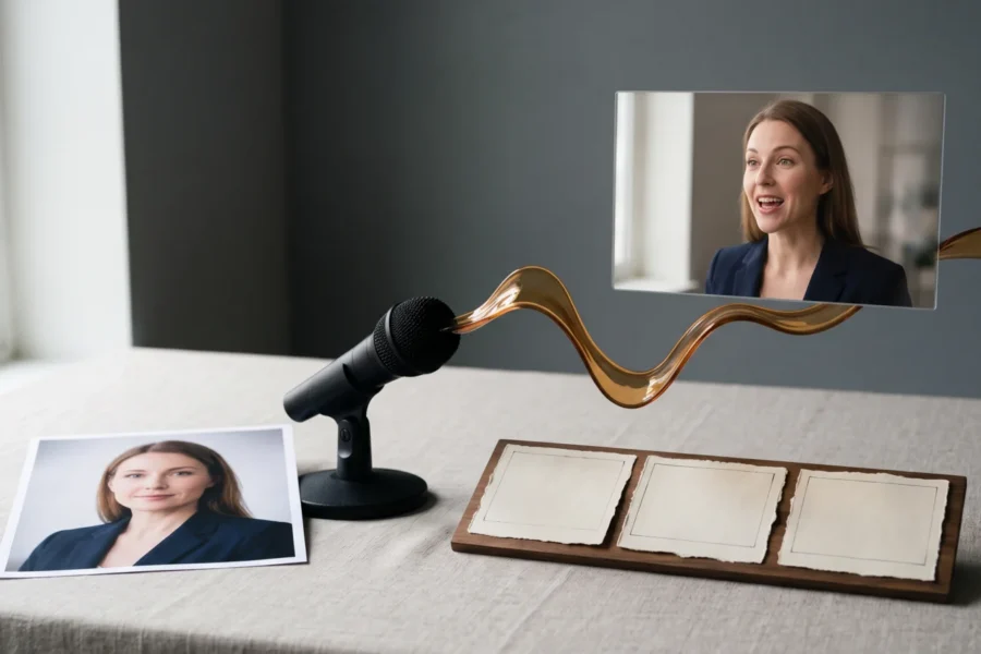 Printed portrait of a fictional presenter beside a microphone, with an amber sound wave leading to a speaking video frame.