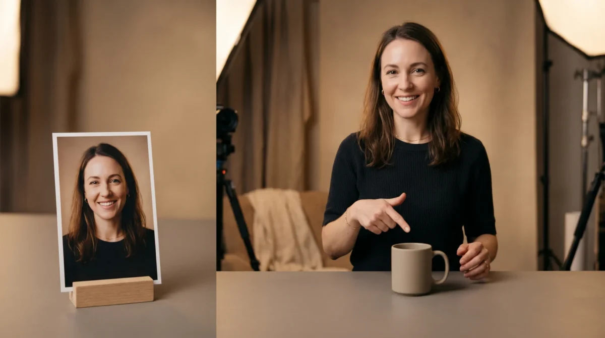 A portrait print of a fictional presenter beside a studio shot of her pointing to an unbranded mug