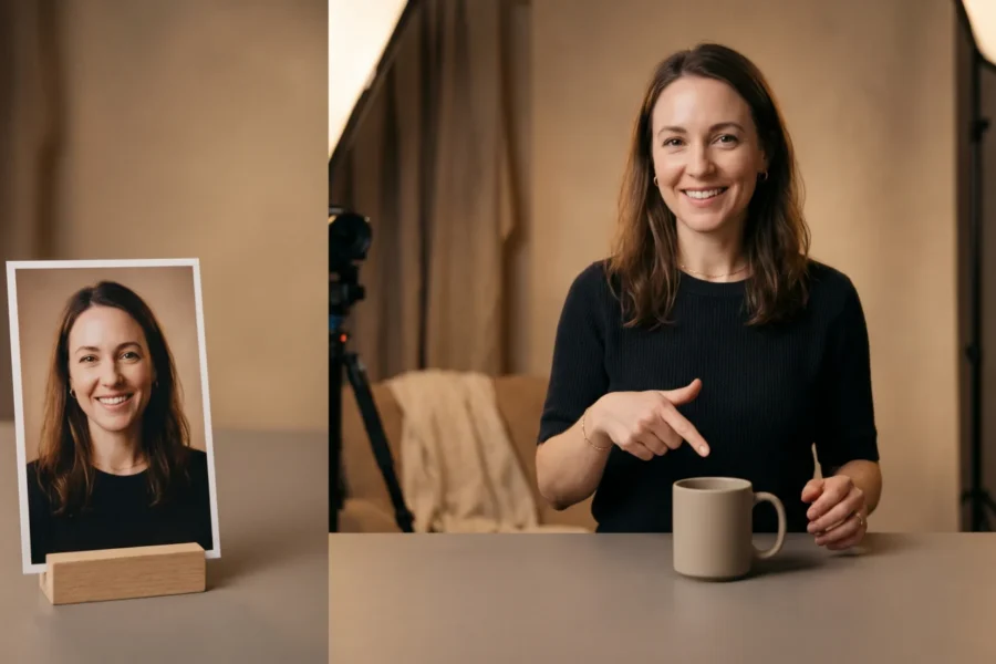 A portrait print of a fictional presenter beside a studio shot of her pointing to an unbranded mug