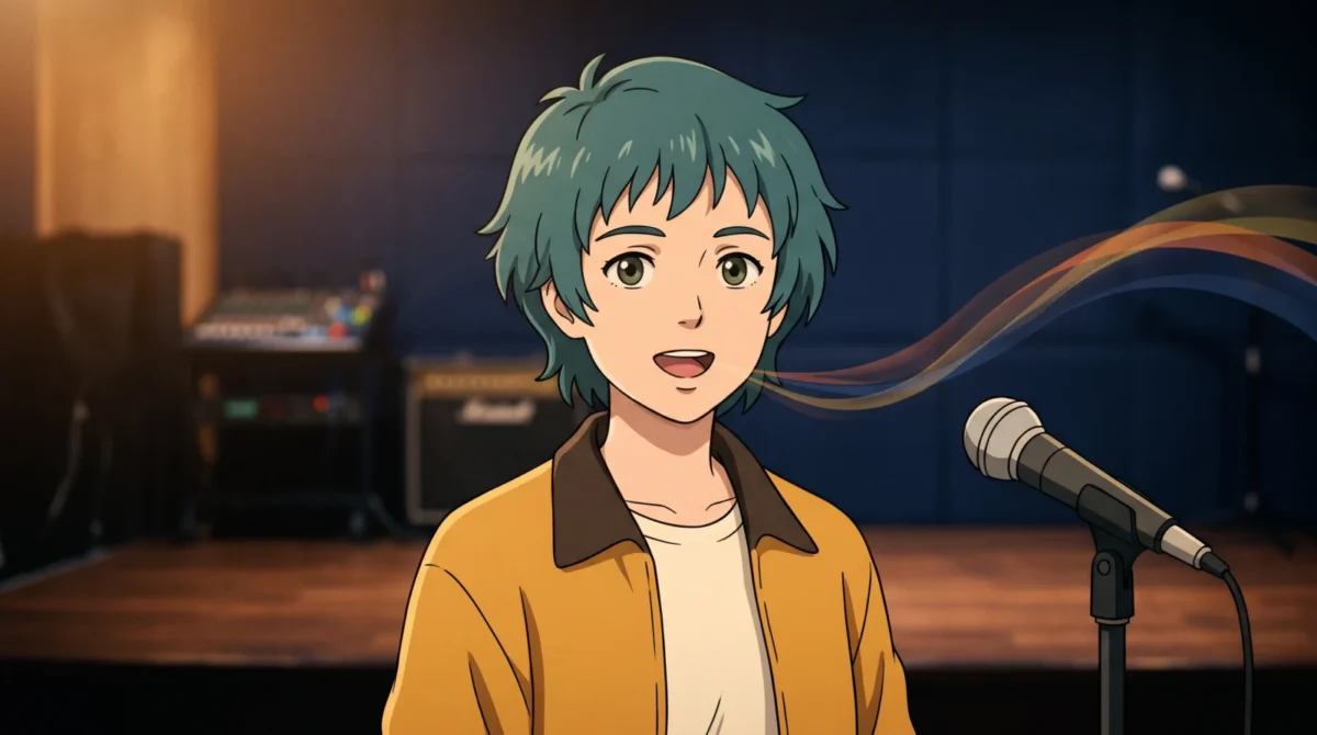 Original teal-haired anime character speaking beside a microphone on a warmly lit stage