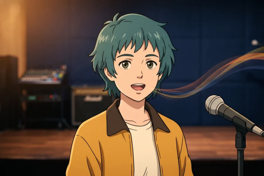 Original teal-haired anime character speaking beside a microphone on a warmly lit stage