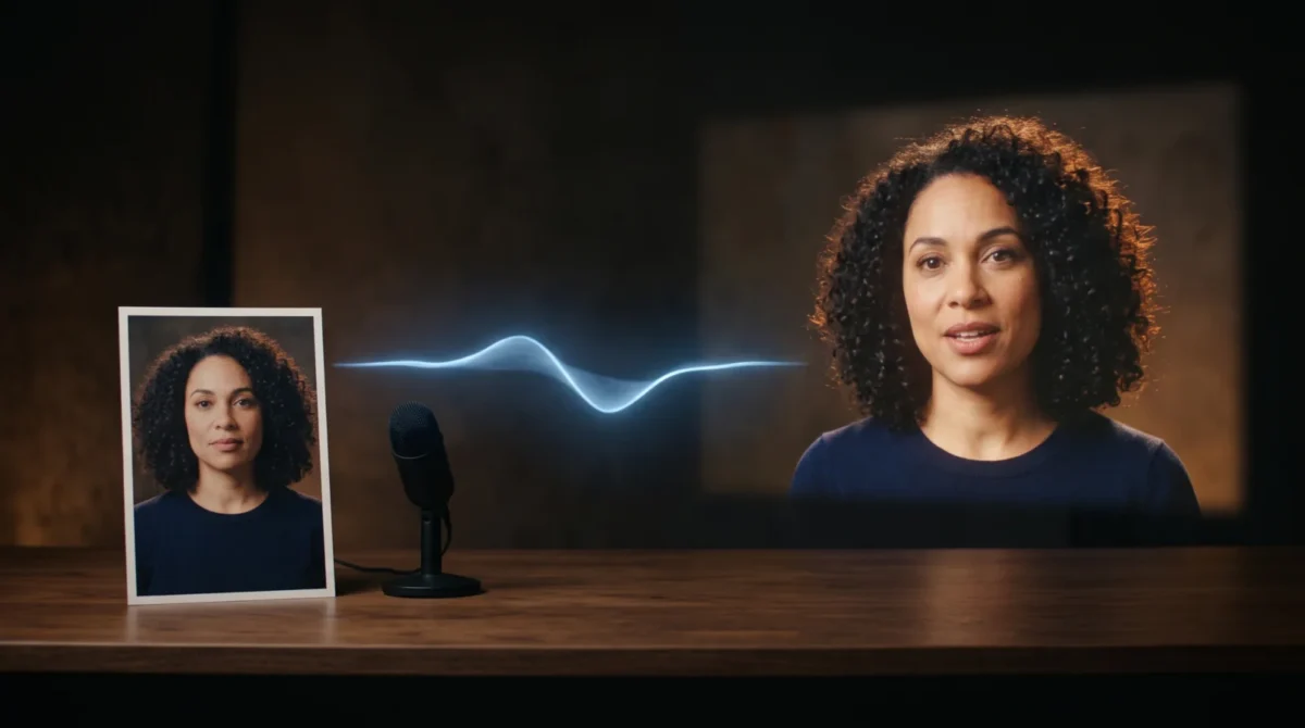 A fictional woman in a still portrait beside a sound wave leading to a cinematic moving portrait