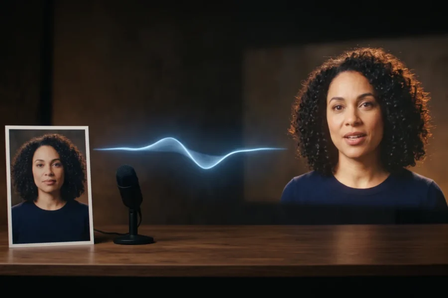 A fictional woman in a still portrait beside a sound wave leading to a cinematic moving portrait