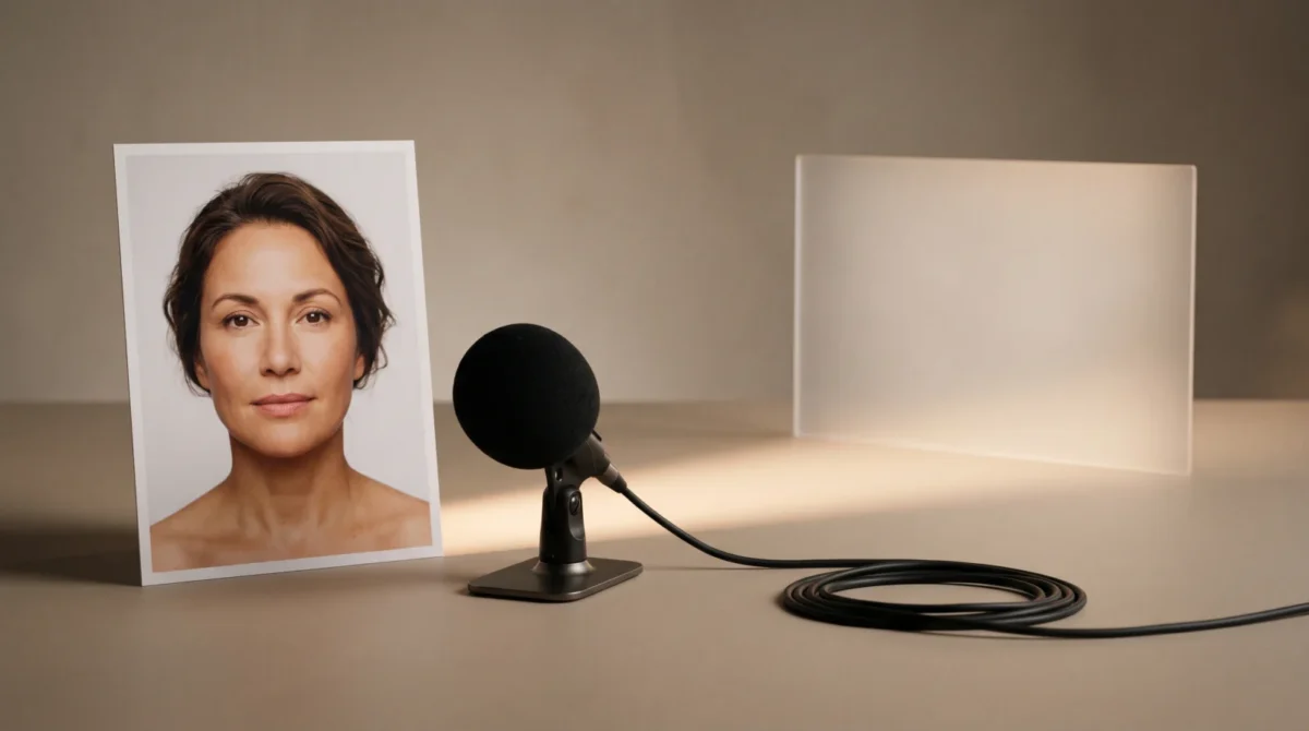 A fictional woman’s printed portrait next to an unmarked black microphone and a blank illuminated frame