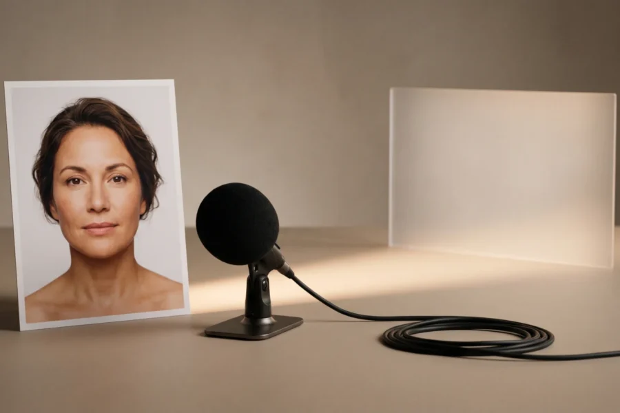 A fictional woman’s printed portrait next to an unmarked black microphone and a blank illuminated frame