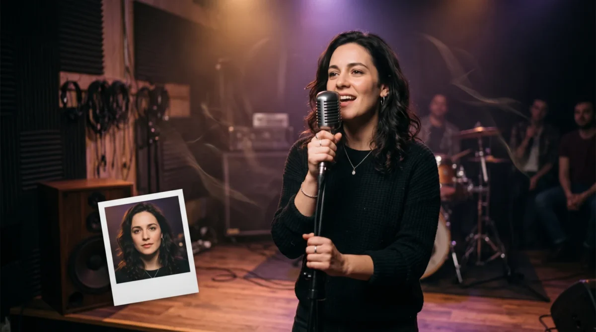 A fictional singer performs at a microphone on a studio stage beside a printed portrait of the same person