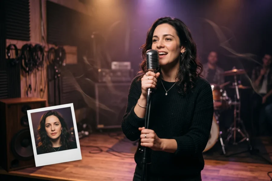 A fictional singer performs at a microphone on a studio stage beside a printed portrait of the same person
