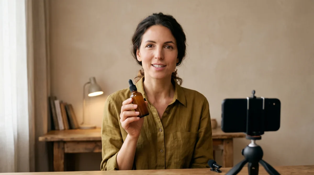 Fictional creator holding an unmarked amber bottle in a home studio while a phone on a tripod records her