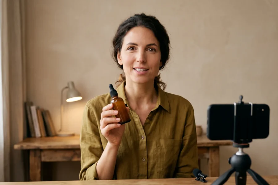 Fictional creator holding an unmarked amber bottle in a home studio while a phone on a tripod records her