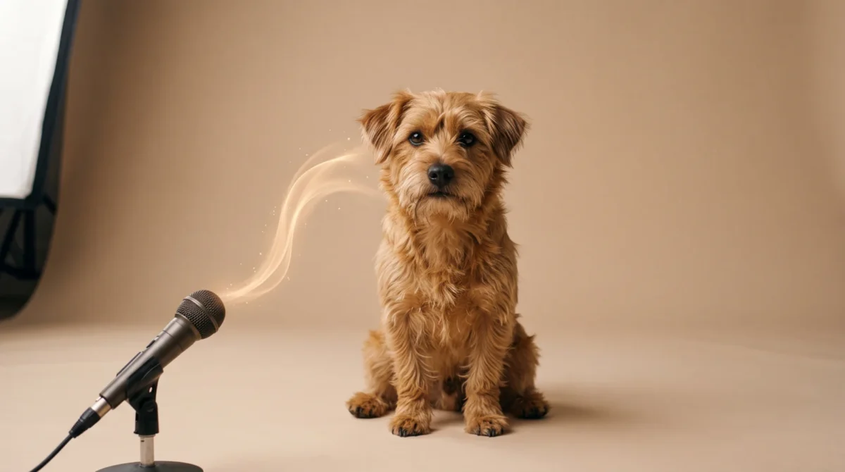 Brown terrier facing a studio microphone with a soft glowing sound trail between them