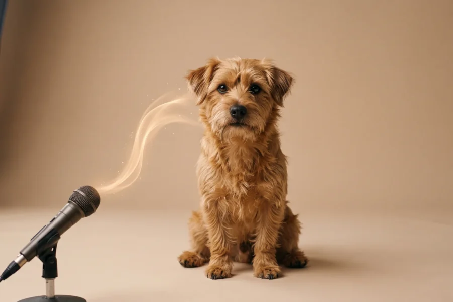 Brown terrier facing a studio microphone with a soft glowing sound trail between them