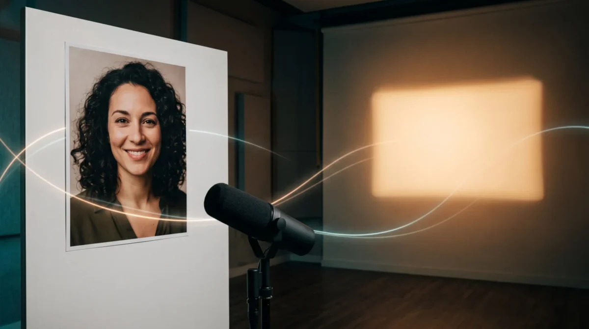 A fictional portrait on a studio board beside a microphone and a softly lit backdrop