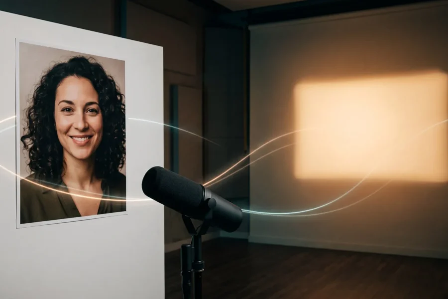 A fictional portrait on a studio board beside a microphone and a softly lit backdrop