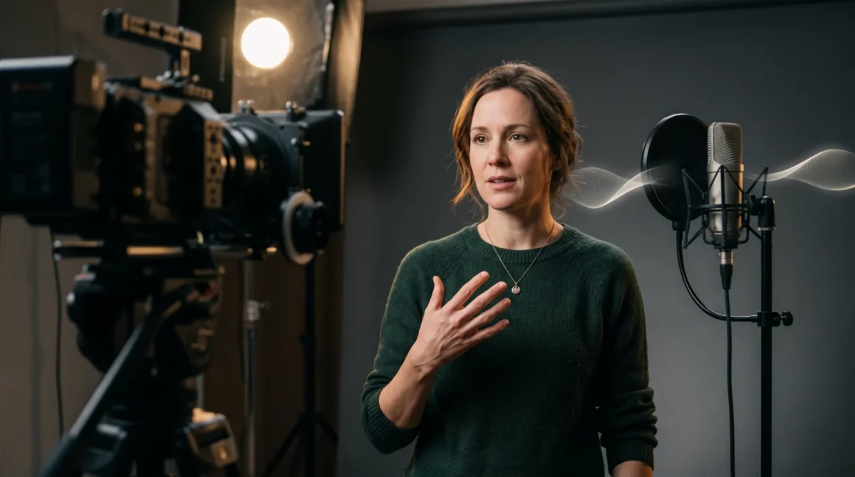 A fictional speaker making an open-hand gesture in a studio, with a camera, microphone and soft sound-wave ribbon