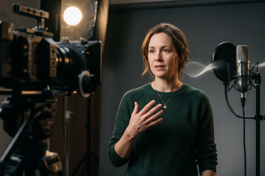 A fictional speaker making an open-hand gesture in a studio, with a camera, microphone and soft sound-wave ribbon