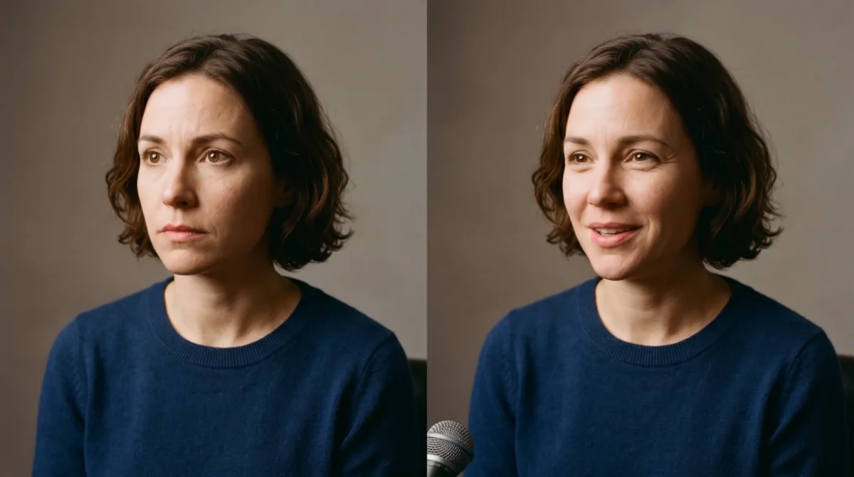 Two portraits of the same fictional woman, first concerned and then smiling softly beside a studio microphone.