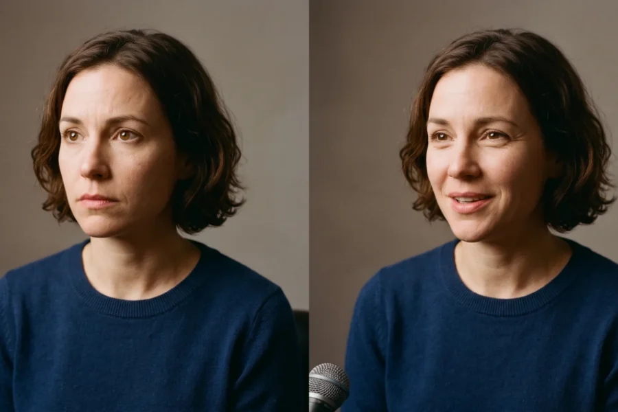 Two portraits of the same fictional woman, first concerned and then smiling softly beside a studio microphone.