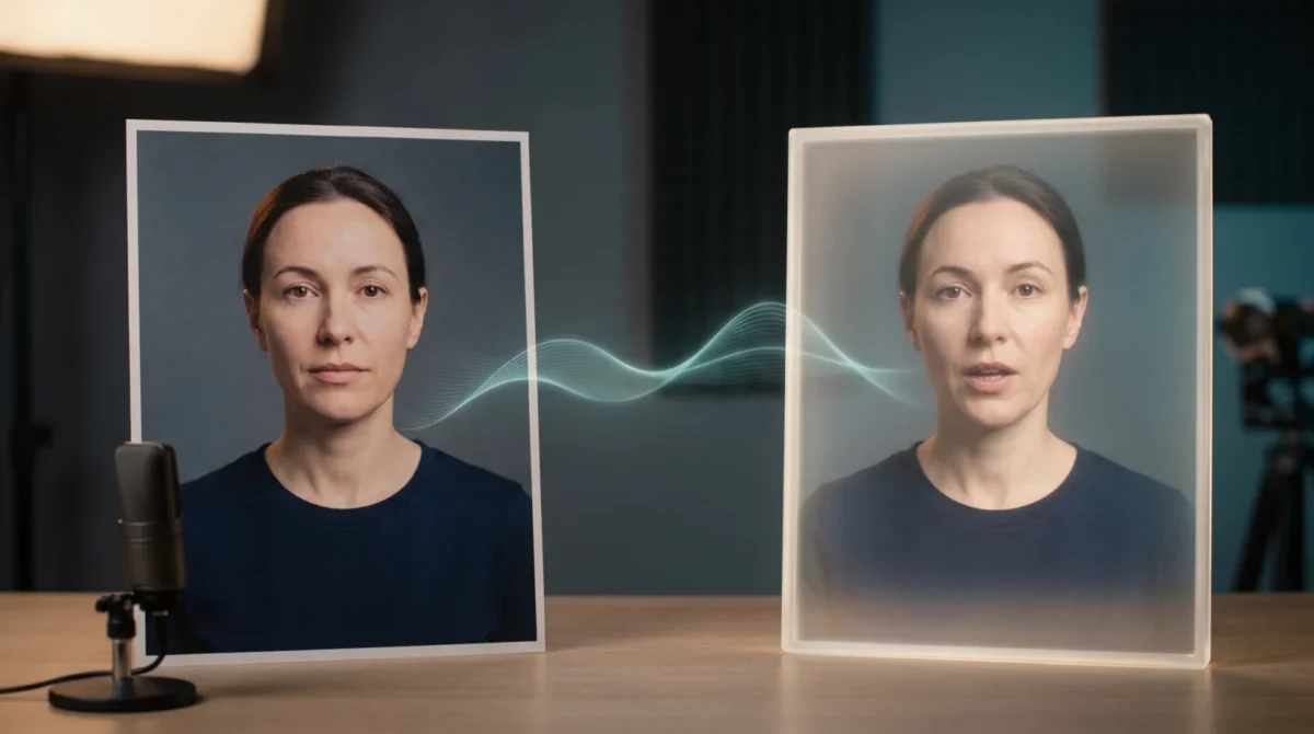 A fictional woman in a portrait print beside a speaking video frame, linked by a glowing audio waveform