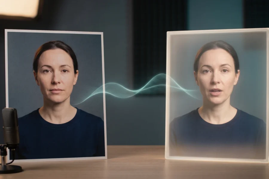 A fictional woman in a portrait print beside a speaking video frame, linked by a glowing audio waveform