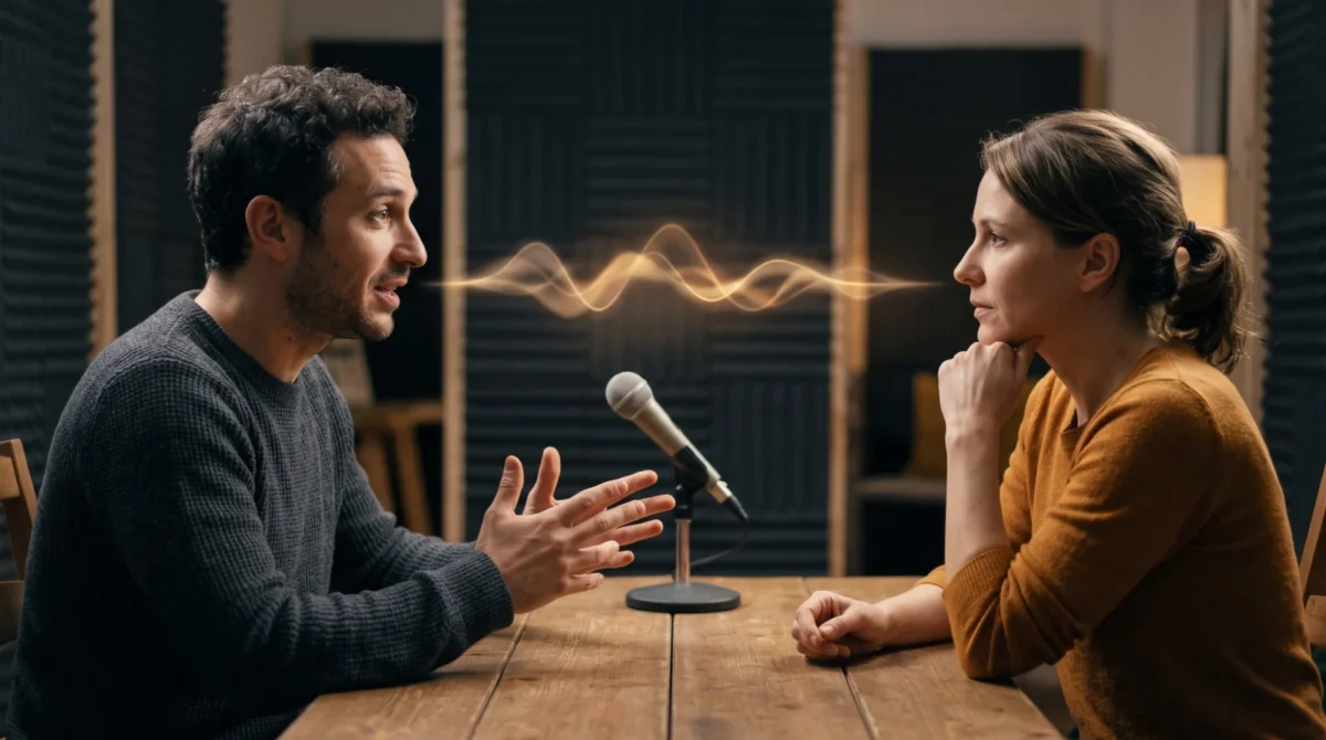Two fictional speakers facing each other across a studio table, with a microphone and a warm sound wave between them