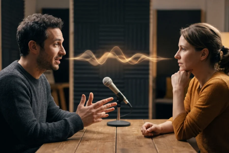 Two fictional speakers facing each other across a studio table, with a microphone and a warm sound wave between them