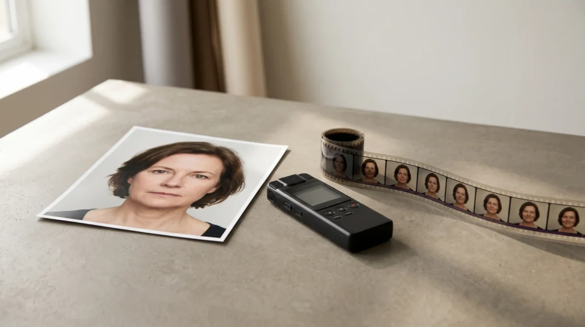 Portrait print beside a voice recorder and a film strip showing successive frames of the same fictional woman