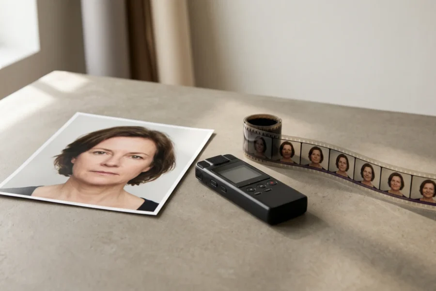 Portrait print beside a voice recorder and a film strip showing successive frames of the same fictional woman