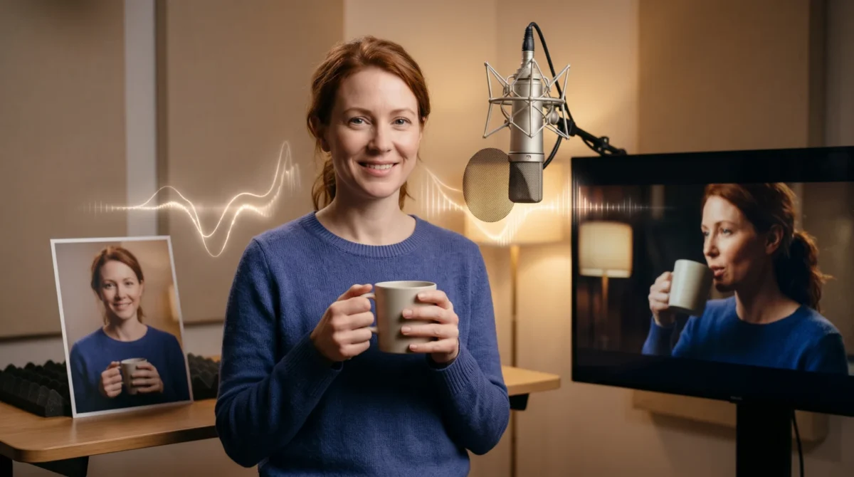 Fictional presenter holding a ceramic mug beside a microphone, with her portrait print and a video frame nearby.