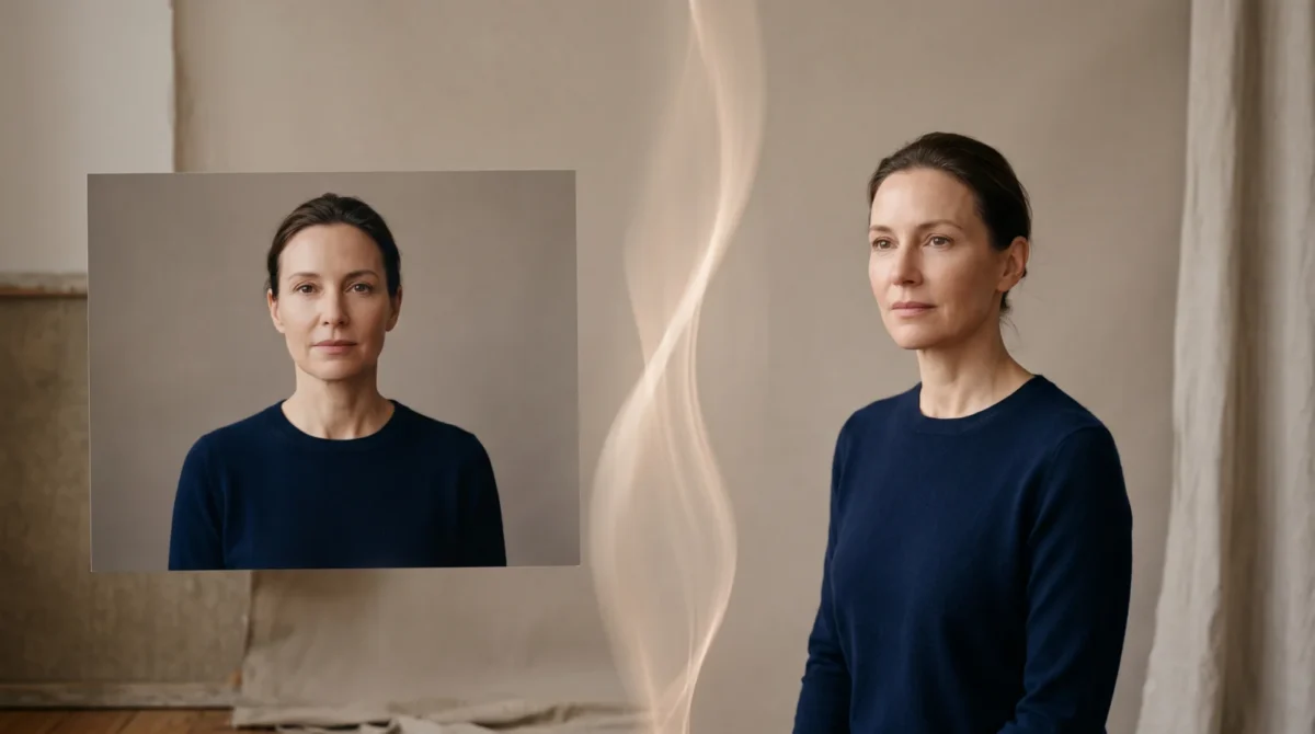 A clean chest-up portrait of a fictional woman beside a moving version of the same woman, joined by a soft ribbon of light