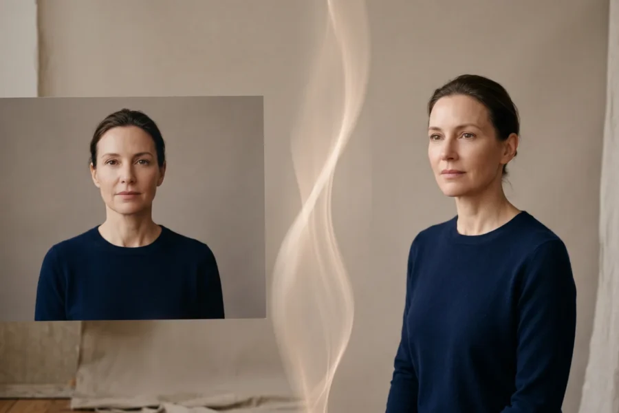 A clean chest-up portrait of a fictional woman beside a moving version of the same woman, joined by a soft ribbon of light