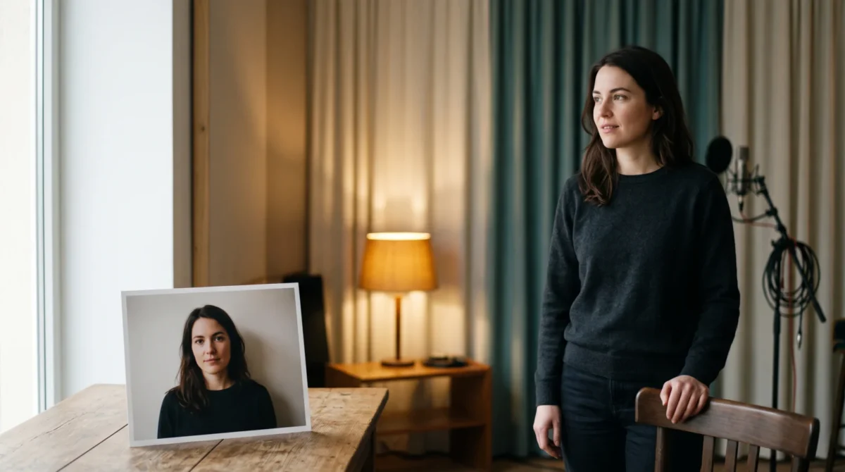 A portrait print of a fictional woman on a table beside the same woman standing in a warm recording room with her hand on a chair.