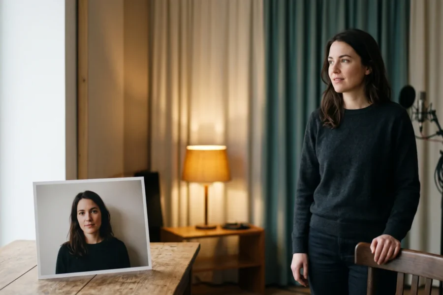 A portrait print of a fictional woman on a table beside the same woman standing in a warm recording room with her hand on a chair.