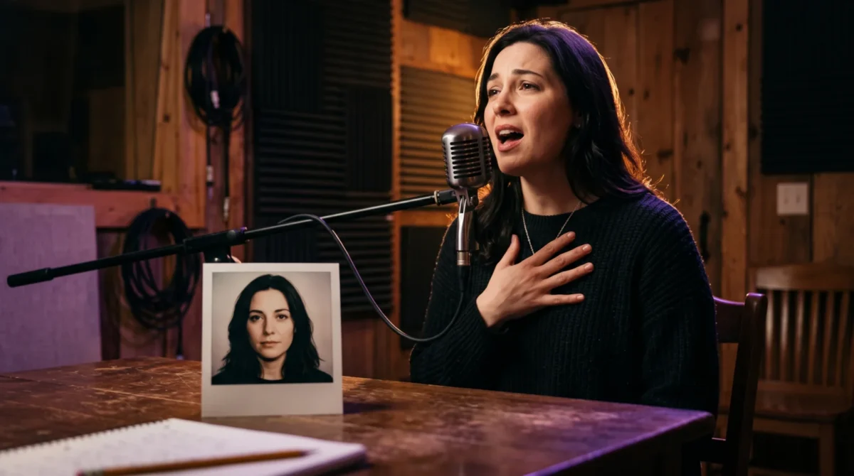 A fictional singer performs by an unmarked microphone beside a printed portrait of the same performer