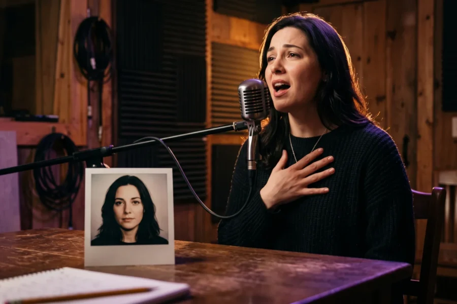 A fictional singer performs by an unmarked microphone beside a printed portrait of the same performer