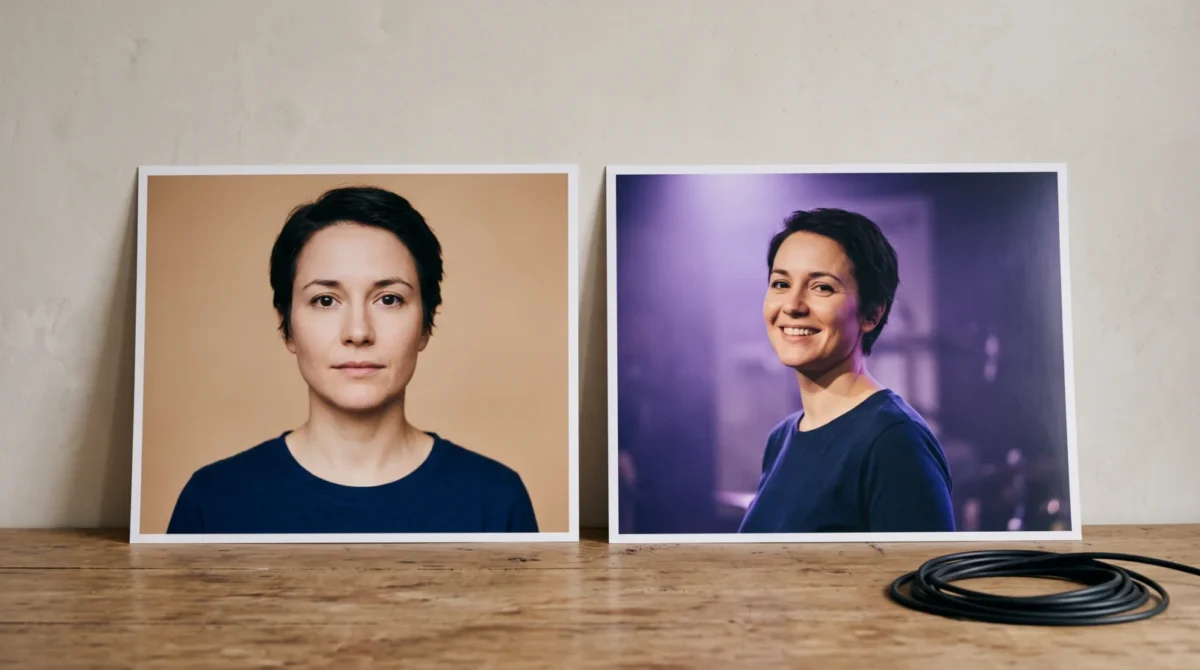 Two prints of the same fictional woman, one neutral portrait and one smiling under violet studio light, beside a coiled audio cable