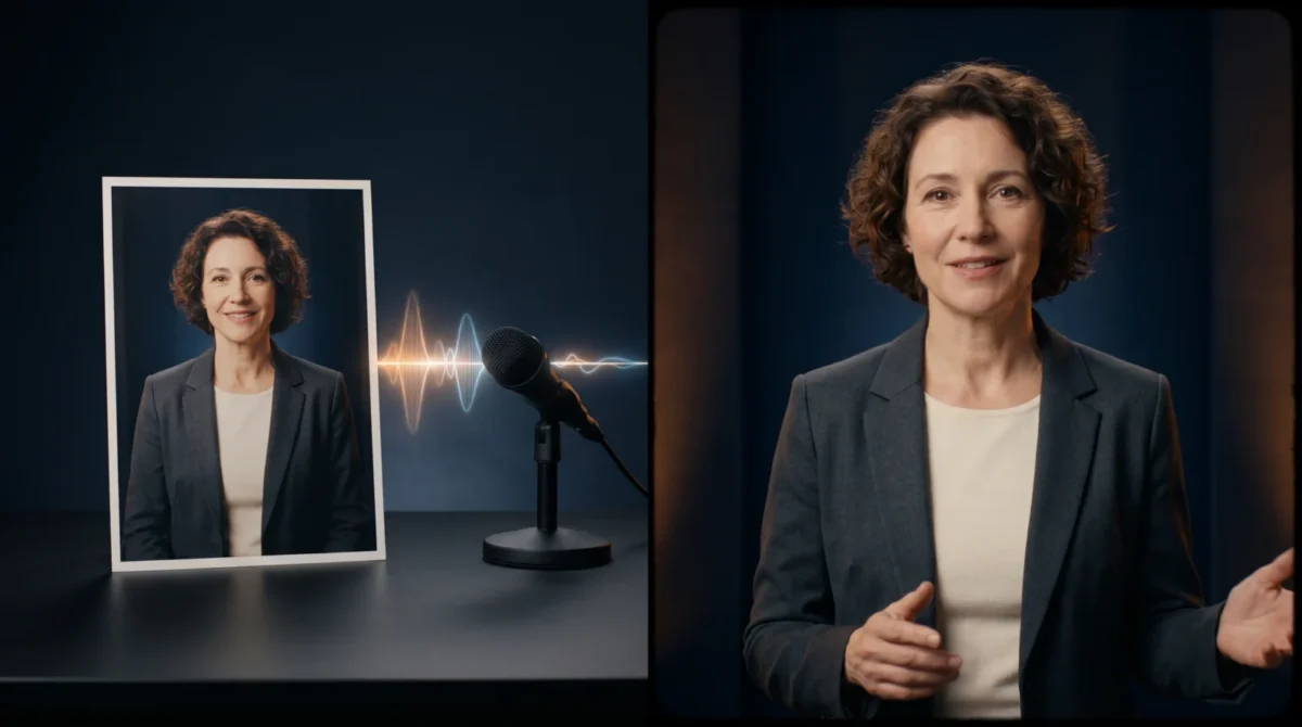 A portrait photo and microphone with an audio wave beside a fictional presenter in a studio.