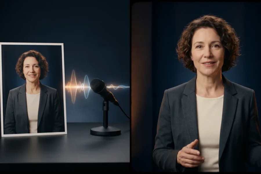 A portrait photo and microphone with an audio wave beside a fictional presenter in a studio.
