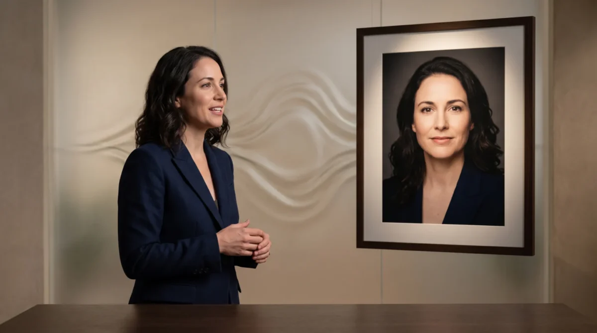 A fictional presenter beside a framed portrait of herself, suggesting a still photo becoming a speaking avatar