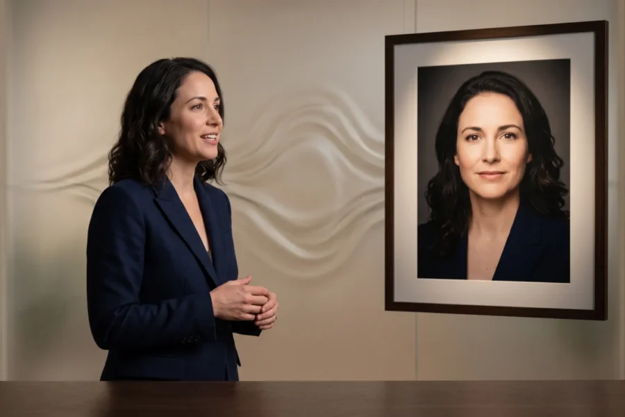 A fictional presenter beside a framed portrait of herself, suggesting a still photo becoming a speaking avatar
