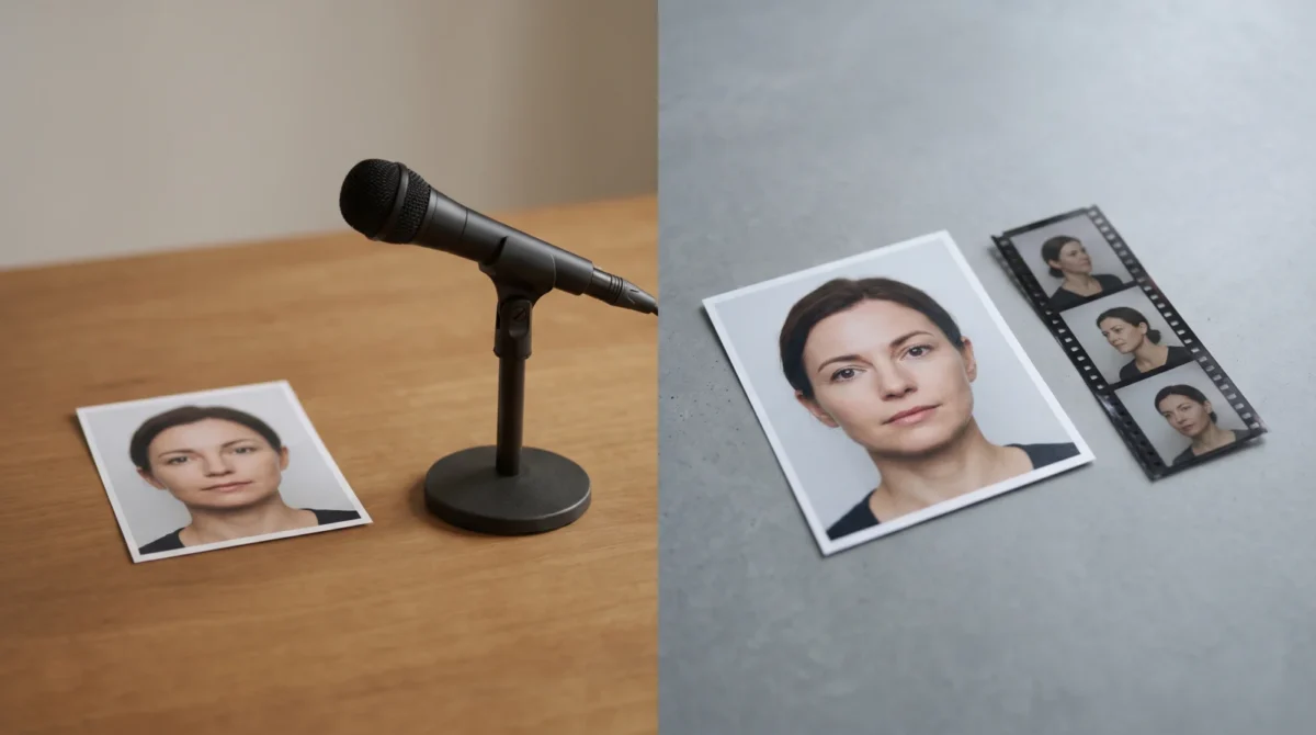 Two printed portraits beside a microphone and a strip of portrait film frames, showing audio-driven and video-driven animation.