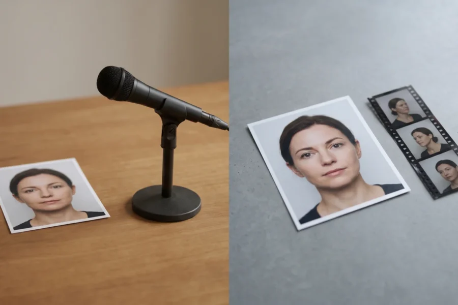 Two printed portraits beside a microphone and a strip of portrait film frames, showing audio-driven and video-driven animation.