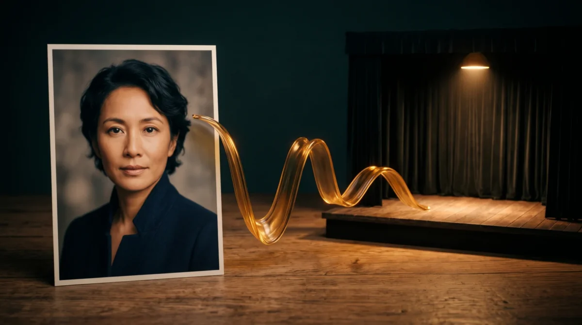 A fictional portrait on a tabletop with an amber sound-wave ribbon leading toward an empty stage
