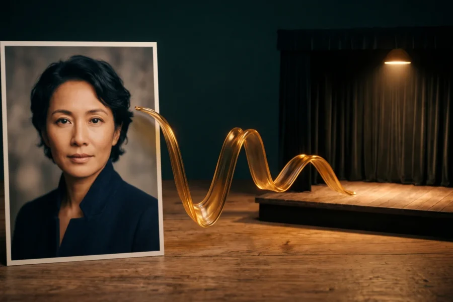 A fictional portrait on a tabletop with an amber sound-wave ribbon leading toward an empty stage