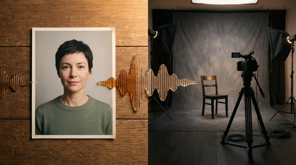 Fictional portrait photograph beside a lit empty film set with a clear glass audio wave between them