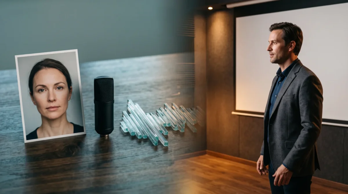 Portrait photograph and microphone beside a presenter in a blank studio, illustrating two avatar-video workflows