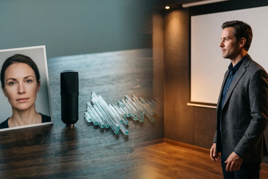 Portrait photograph and microphone beside a presenter in a blank studio, illustrating two avatar-video workflows