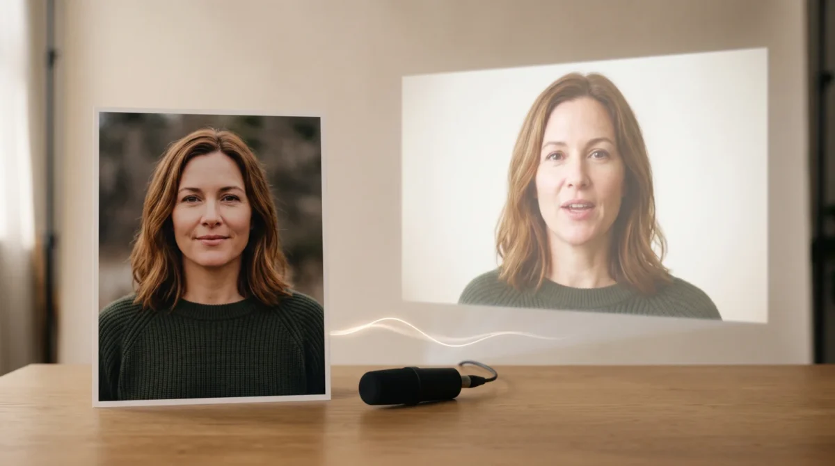 A fictional woman in a printed portrait appears speaking in a luminous second frame beside a microphone and soft sound wave