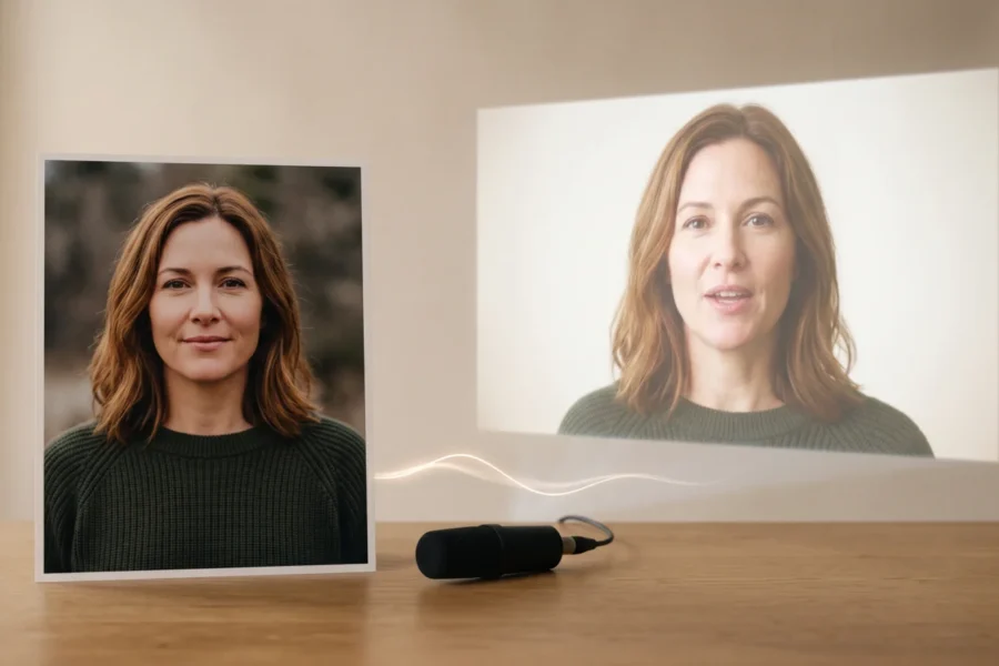 A fictional woman in a printed portrait appears speaking in a luminous second frame beside a microphone and soft sound wave