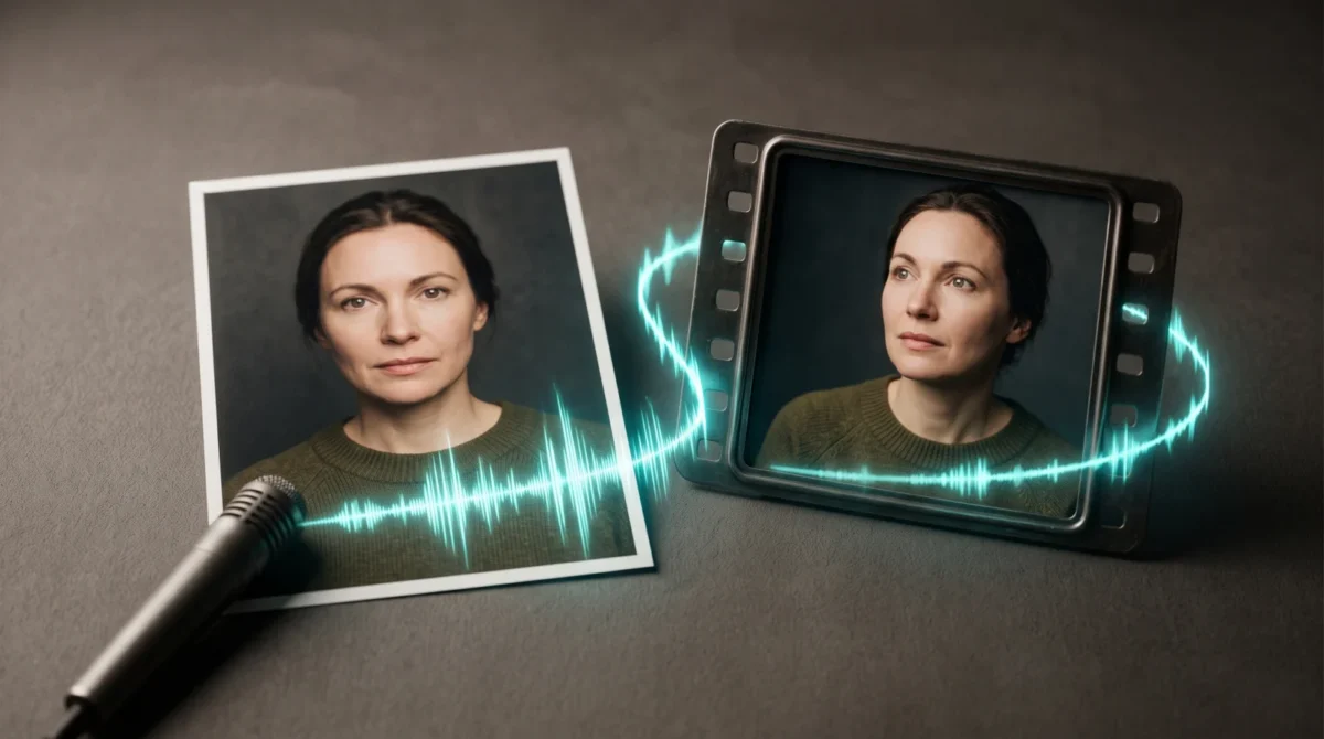 A fictional woman in a printed portrait and a matching film frame, joined by a turquoise sound wave from a microphone.